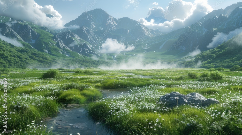 Scenic Grassland Landscape with Grazing Wildlife, Geothermal Vents, and Lush Vegetation under Midday Sunlight