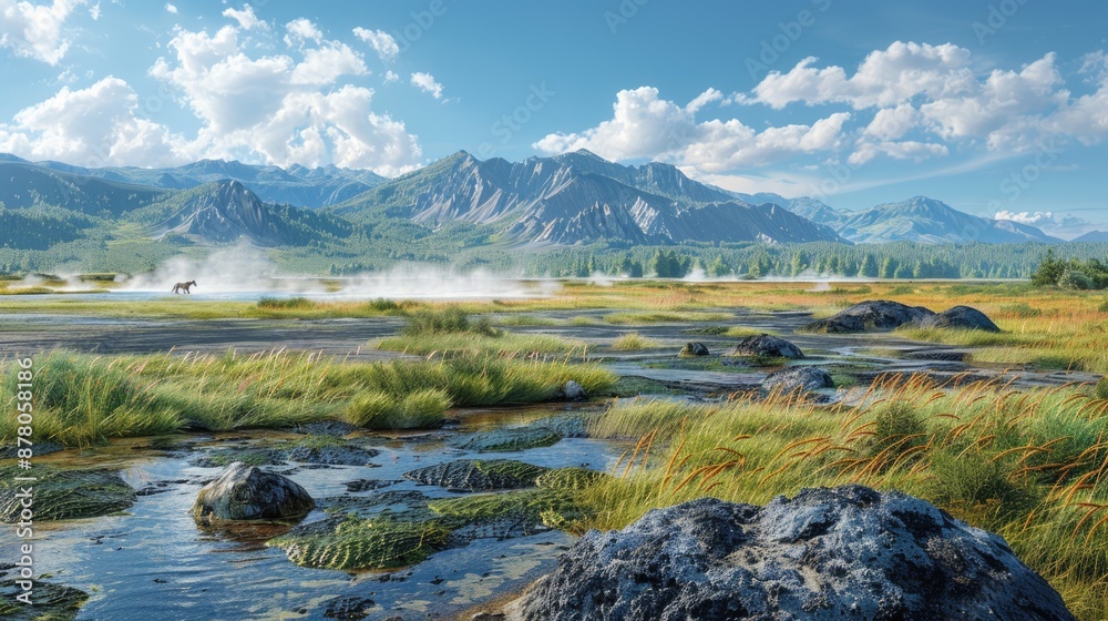 Serene Grassland: Wildlife Grazing by Geothermal Steam Vents amid Detailed Vegetation under Midday Sunlight Serene Grassland: Wildlife Grazing by Geothermal Steam Vents amid Detailed Vegetation under Midday Sunlight