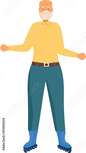 Elderly man with a mustache is wearing roller skates and smiling