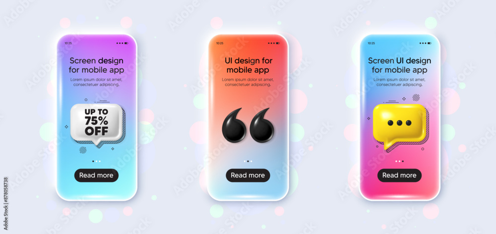 Phone 3d mockup gradient screen. Up to 75 percent off sale. Discount offer price sign. Special offer symbol. Save 75 percentages. Discount tag phone mockup message. 3d chat speech bubble. Vector Phone 3d mockup gradient screen. Up to 75 percent off sale. Discount offer price sign. Special offer symbol. Save 75 percentages. Discount tag phone mockup message. 3d chat speech bubble. Vector