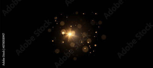 Golden glow effect, glare, explosion, sparkle, sun glare, sparks and stars on transparent background	