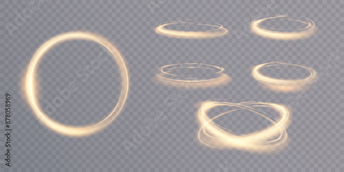 Abstract golden light effect Twirl. Dynamic golden lines with a glow effect. Rotating shiny rings. Abstract shiny swirls. Vector