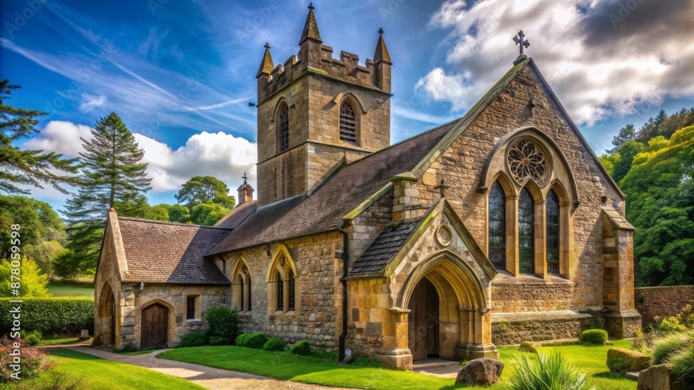 Fototapeta premium Ancient stone church with intricate stained glass windows, towering bell tower, and lush greenery surrounding its historic exterior facade.