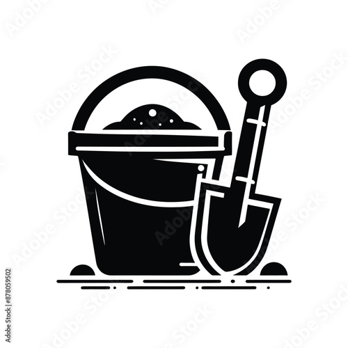 Black and White Icon of Bucket and Spade - Perfect for Summer Beach Activities, Kids Play, and Vacation Graphics