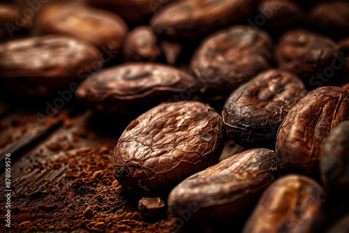 background of cocoa beans arranged symmetrically on a dark wooden background, emphasizing their uniformity and natural shine. highlights bean texture and rich brown colors