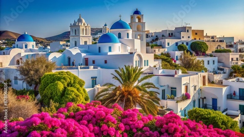 Whitewashed Cycladic houses, blue-domed churches, and narrow cobblestone streets cascade downNaousa village's hillside on picturesque Paros Island, Greece.