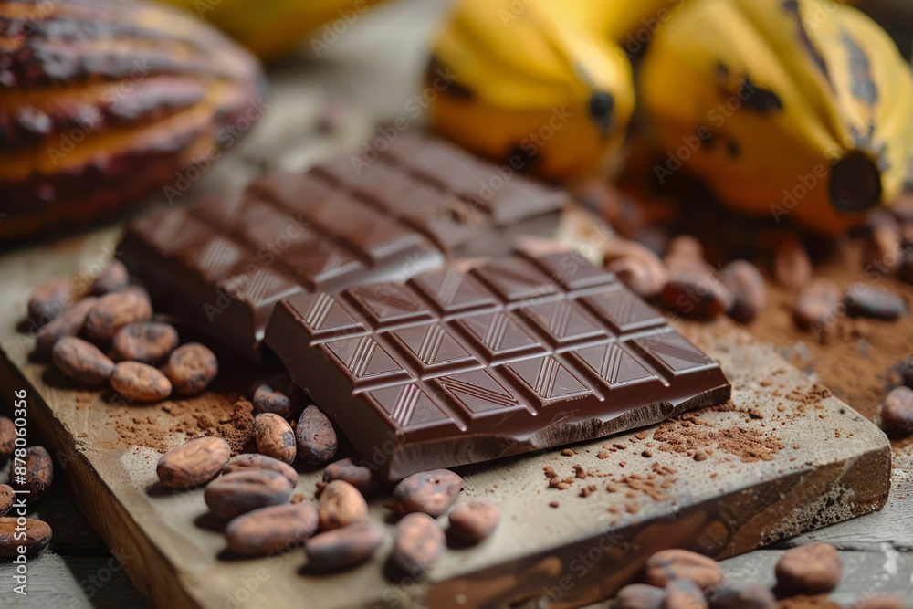 Artistic arrangement of cocoa beans and chocolate bars on a marble countertop, combining raw and processed forms of cocoa. Artistic arrangement of cocoa beans and chocolate bars on a marble countertop, combining raw and processed forms of cocoa.