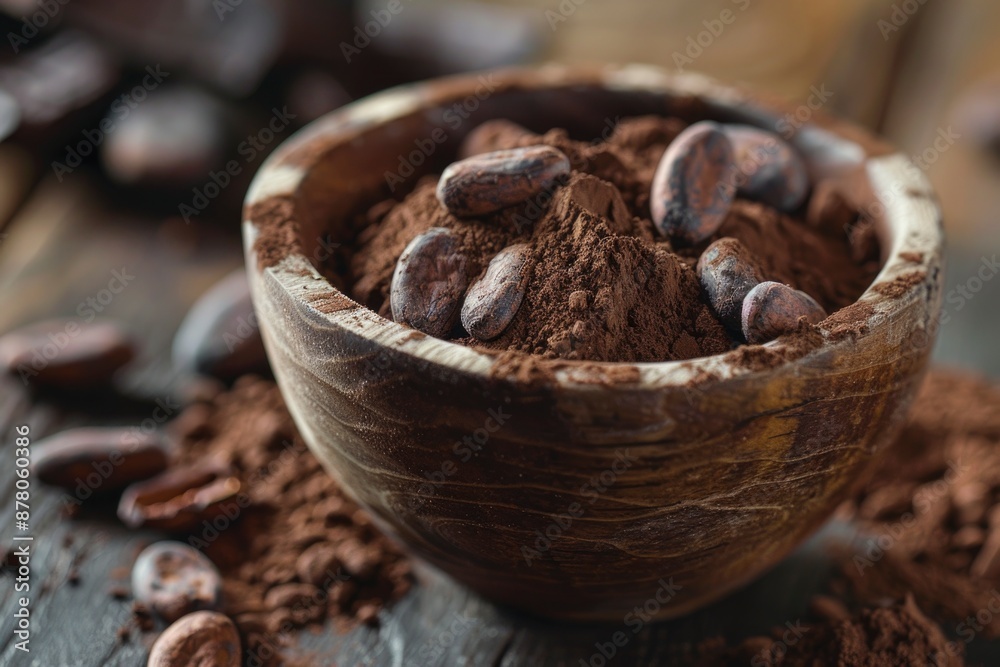 an arrangement of cocoa beans placed in a rustic wooden bowl, surrounded by scattered cocoa powder. against the background of a kitchen setting with cocoa products, an arrangement of cocoa beans placed in a rustic wooden bowl, surrounded by scattered cocoa powder. against the background of a kitchen setting with cocoa products,