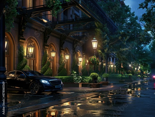 At the hotel entrance, a silver car is parked, its headlights casting a warm glow against the backdrop of a tranquil evening. The serene atmosphere welcomes arrival at the desired destination.