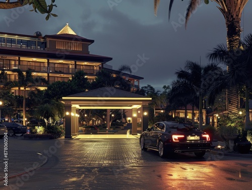 At the hotel entrance, a silver car is parked, its headlights casting a warm glow against the backdrop of a tranquil evening. The serene atmosphere welcomes arrival at the desired destination.
