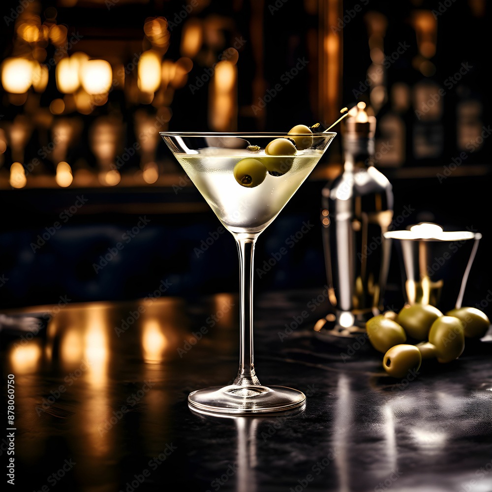 Martini glass with a classic gin martini, garnished with olives Martini glass with a classic gin martini, garnished with olives