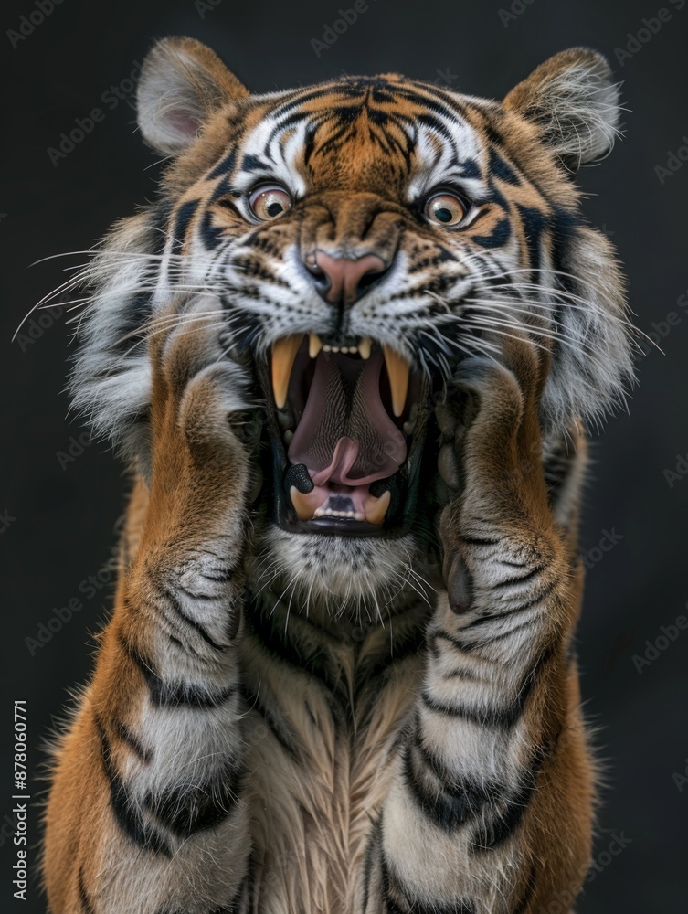 Fototapeta premium A very surprised and shocked tiger with its mouth open and paws touching its head. Funny inspired animal
