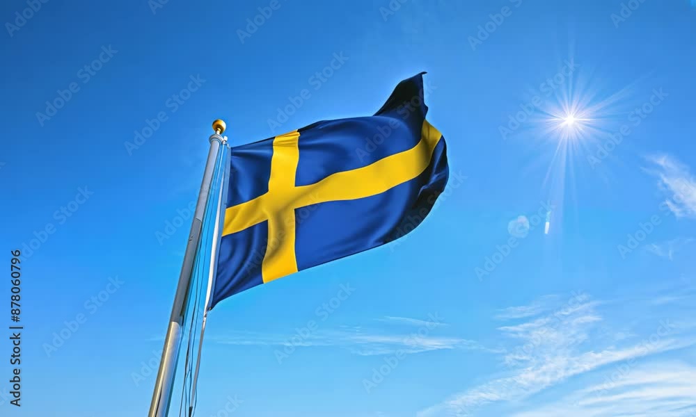 A blue and yellow flag with a white cross is flying in the sky
