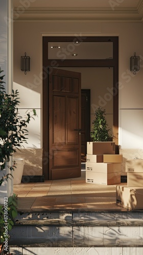A group of people unloading items from a vehicle in front of a new home, capturing the exciting moment of arrival and the first glimpse of the new space, showcasing the start of a new chapter.