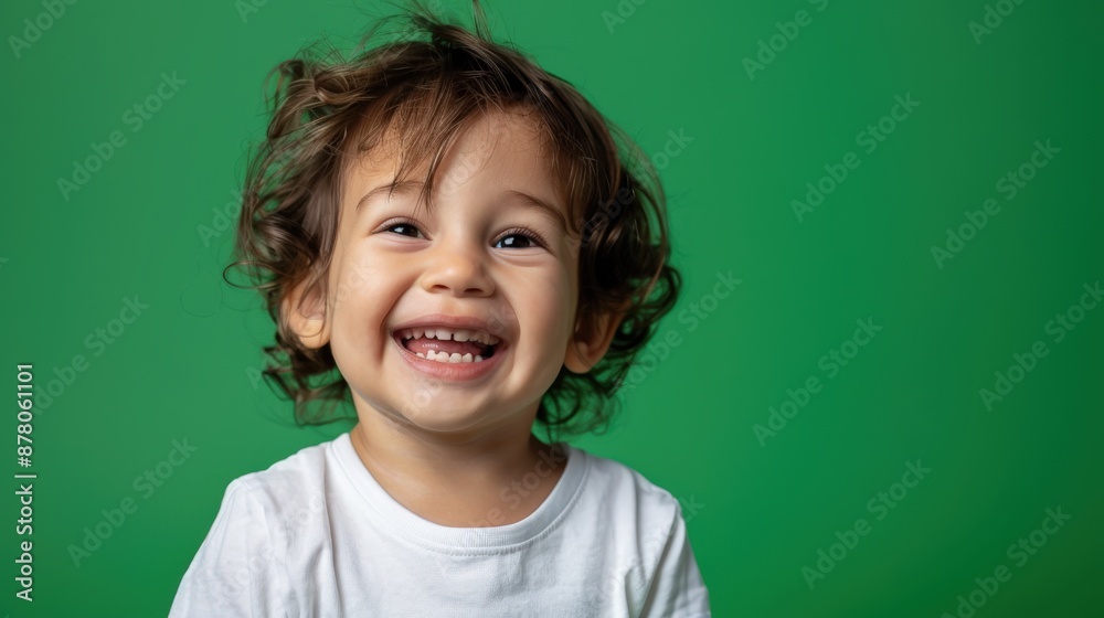 A high-resolution photo of a happy young child, grinning against a solid green background. The scene is illuminated with clear, natural light, showcasing sharp details and vibrant colors with minimal A high-resolution photo of a happy young child, grinning against a solid green background. The scene is illuminated with clear, natural light, showcasing sharp details and vibrant colors with minimal