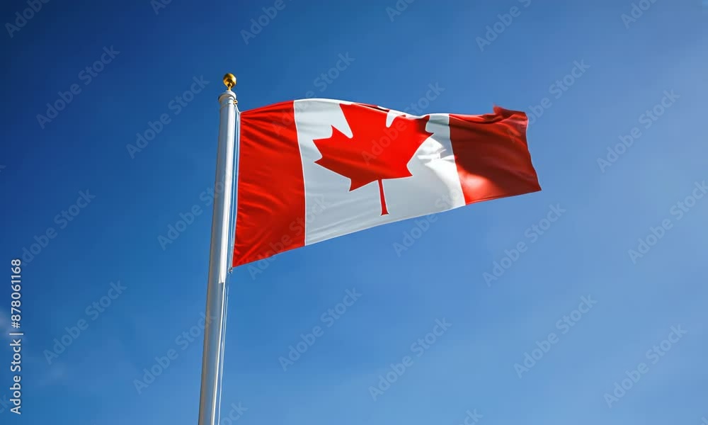 A Canadian flag is flying in the sky. The flag is red and white with a maple leaf on it. The sky is blue and clear, and the flag is waving in the wind