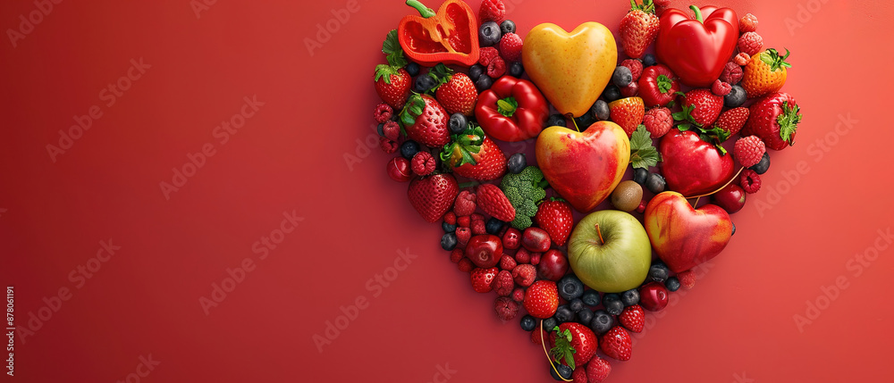 Fruit and vegetable heart shapes on a light red background, concept of healthy eating or dieting for good health with copy space