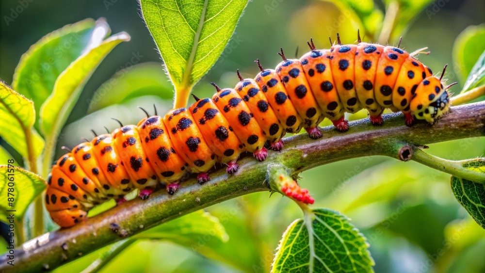 Vibrant orange leopard moth larva Zeuzera Pyrina munches on apple tree branch, leaving visible holes, amidst lush green foliage surroundings. Vibrant orange leopard moth larva Zeuzera Pyrina munches on apple tree branch, leaving visible holes, amidst lush green foliage surroundings.