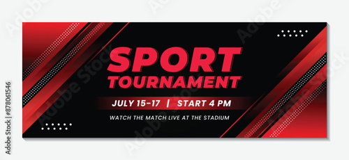 Sports tournament event banner design template modern red design black background
