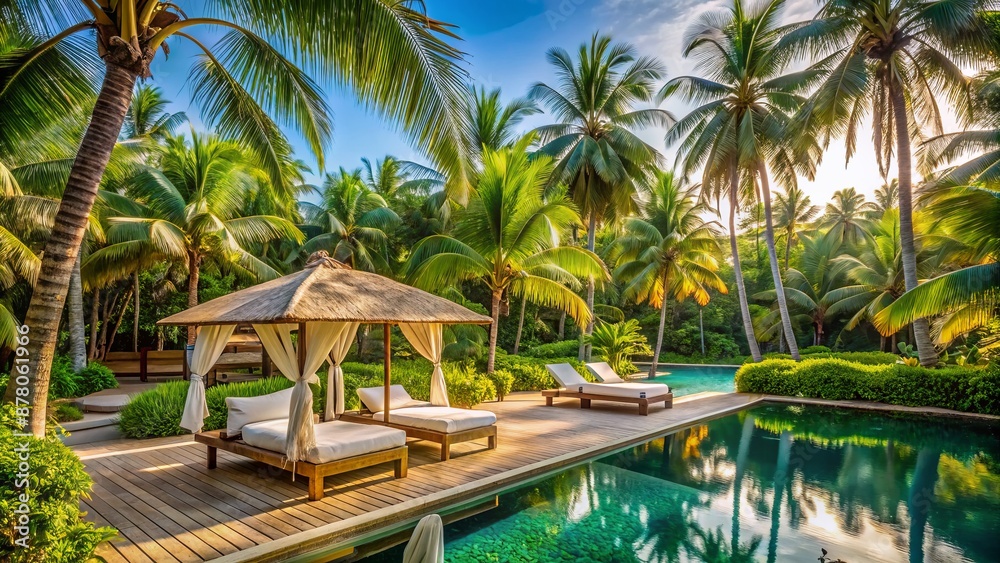 Fototapeta premium Luxurious exotic spa resort scenery featuring a serene white beachside resting area surrounded by lush tropical greenery and palm trees.