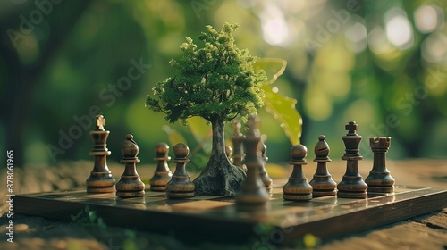 Chess game under a lush tree symbolizing sustainability and strategic environmental protection. Effective tactics for nature conservation are depicted through the thoughtful placement of chess pieces.