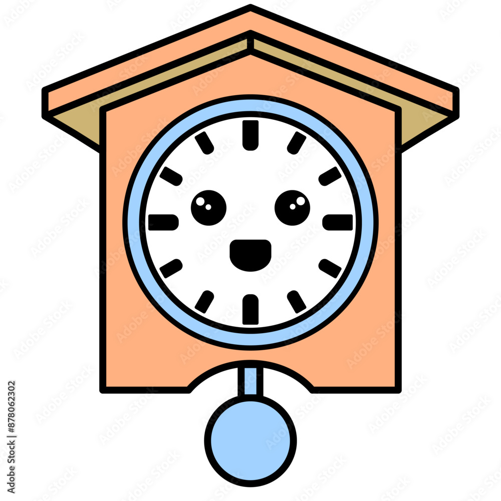 A cartoonish alarm clock with a happy face. The clock is orange and white A cartoonish alarm clock with a happy face. The clock is orange and white
