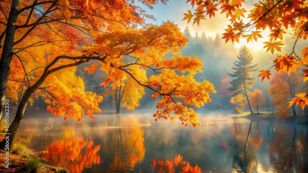 Vibrant oranges and yellows of autumn foliage softly glow against a serene, misty background in delicate pastel hues. Vibrant oranges and yellows of autumn foliage softly glow against a serene, misty background in delicate pastel hues.