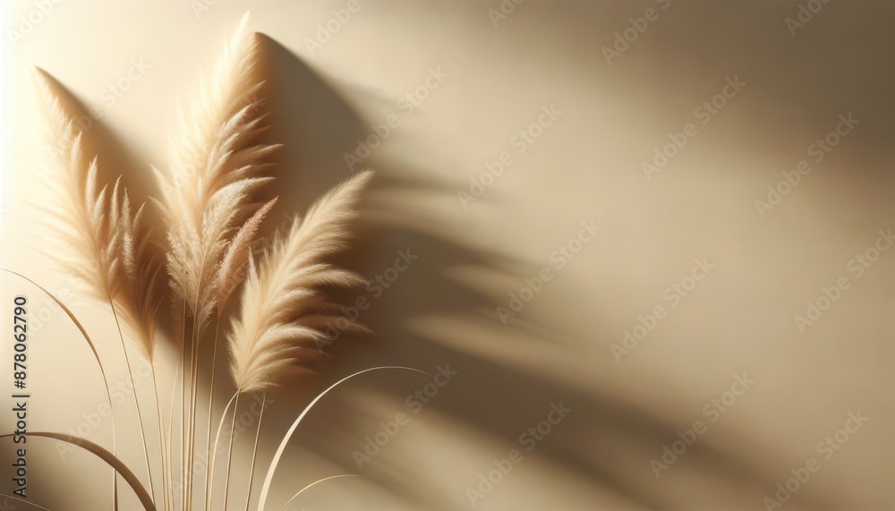 super realistic widescreen image of pampas grass against a beige background with sunlight casting soft shadows super realistic widescreen image of pampas grass against a beige background with sunlight casting soft shadows