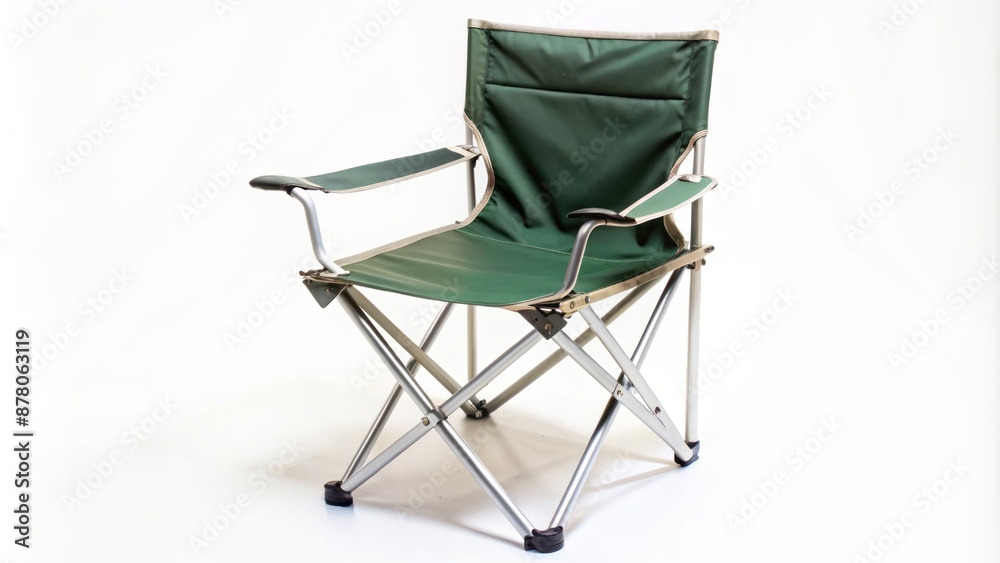 Foldable camping chair with aluminum frame and polyester fabric, empty and isolated on a plain white studio background. Foldable camping chair with aluminum frame and polyester fabric, empty and isolated on a plain white studio background.