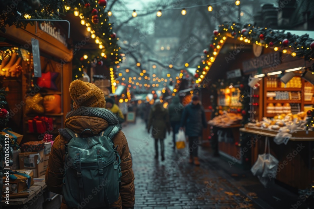 Person walking down a street with a backpack, holiday shoppers Person walking down a street with a backpack, holiday shoppers