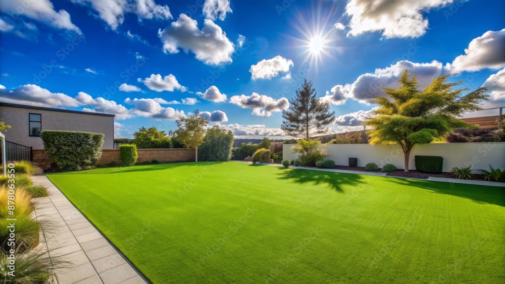 A serene and immaculate bright green artificial lawn sprawls under a clear blue sky with a few white fluffy clouds. A serene and immaculate bright green artificial lawn sprawls under a clear blue sky with a few white fluffy clouds.