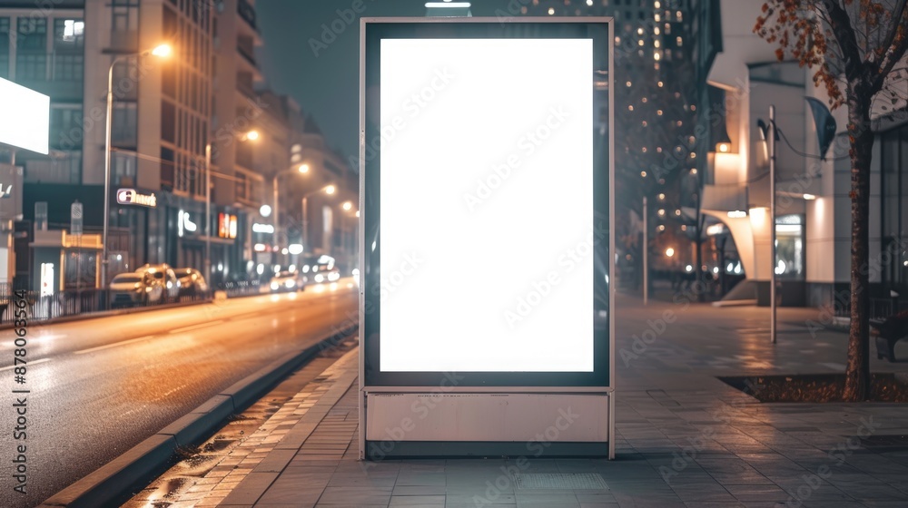 Vertical blank white billboard on city street. In the background buildings and road. Mock up. Poster on street next to roadway. Beautiful summer night. Vertical blank white billboard on city street. In the background buildings and road. Mock up. Poster on street next to roadway. Beautiful summer night.