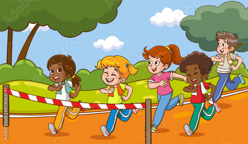 Children Characters Race Joyfully On The Stadium Track, Their Vibrant Energy Fueling A Thrilling Competition Of Speed And Determination. Kids run Sports Marathon. Cartoon People Vector Illustration
