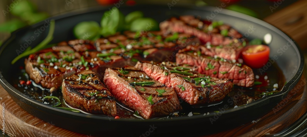 Juicy Medium Beef Rib Eye Steak Slices in Pan on Wooden Board with Fork Knife and Herbs Juicy Medium Beef Rib Eye Steak Slices in Pan on Wooden Board with Fork Knife and Herbs