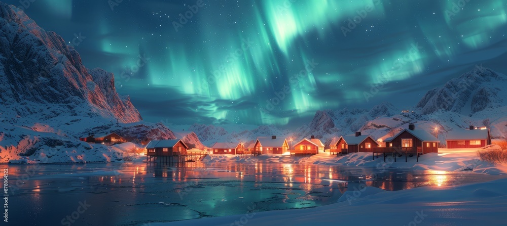 Aurora Borealis in Frozen Arctic Night Sky Over Snowy Town and Mountains Aurora Borealis in Frozen Arctic Night Sky Over Snowy Town and Mountains