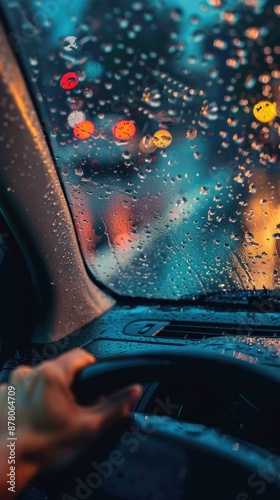 A close-up image of raindrops on a car windshield with a hand operating the wiper in the foreground, creating a gloomy atmosphere on a rainy day. The blurred background adds to the somber mood.