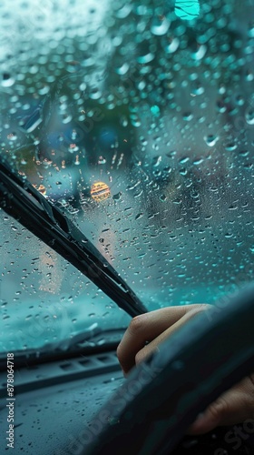 A close-up image of raindrops on a car windshield with a hand operating the wiper in the foreground, creating a gloomy atmosphere on a rainy day. The blurred background adds to the somber mood.