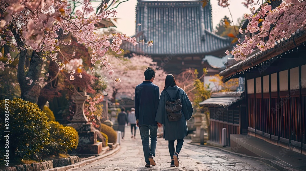Fototapeta premium Couple Walking Through Cherry Blossoms in Kyoto