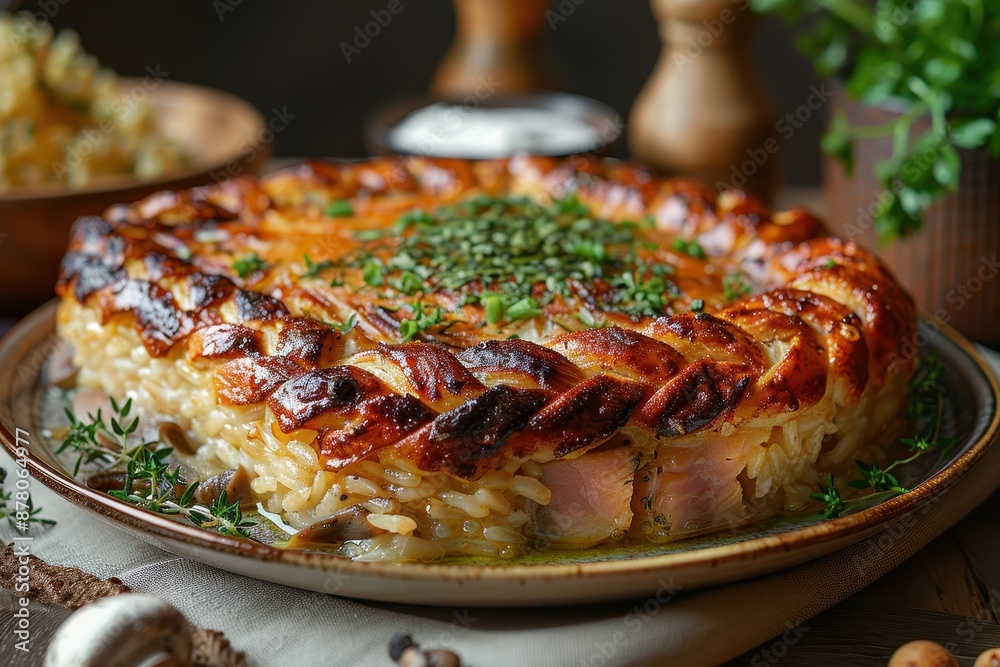 A plate of kulebyaka with a decorative braided crust, showing the layers of fish, rice, and mushrooms inside. A plate of kulebyaka with a decorative braided crust, showing the layers of fish, rice, and mushrooms inside.