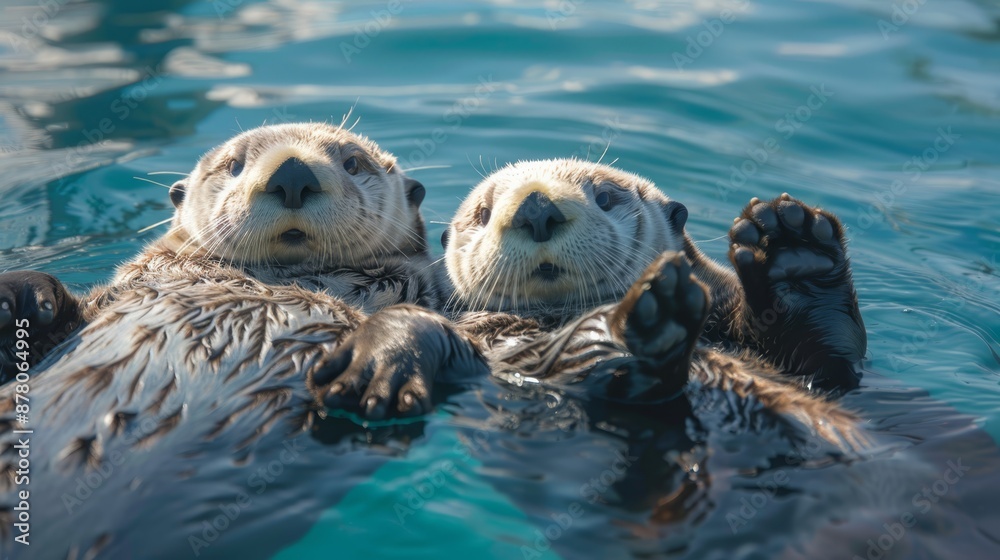 Fototapeta premium A few otters swim in a body of water, paws upraised at water's surface