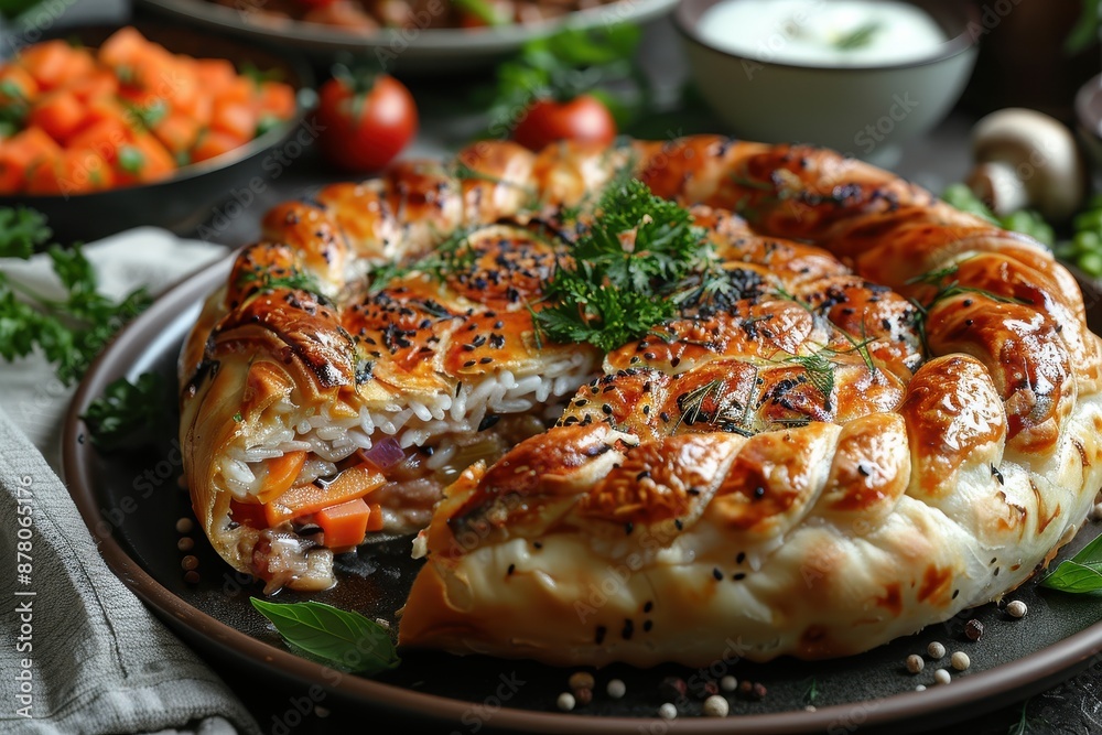 A plate of kulebyaka with a decorative braided crust, showing the layers of fish, rice, and mushrooms inside. A plate of kulebyaka with a decorative braided crust, showing the layers of fish, rice, and mushrooms inside.