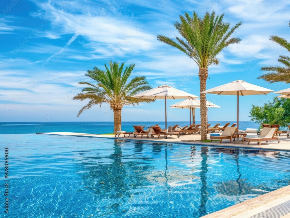 An exquisite beachfront resort with a luxurious swimming pool, palm trees, and a spectacular view of the ocean, ideal for a tranquil and indulgent vacation experience.