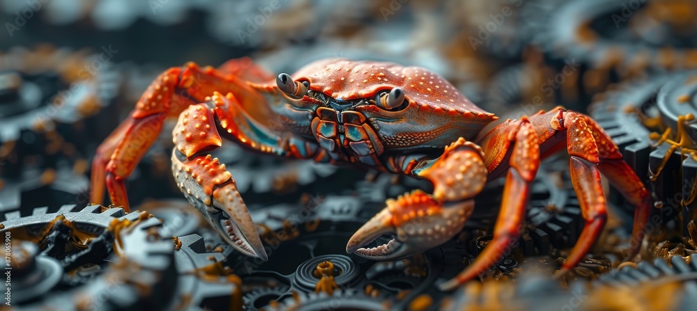 Vibrant Crab Perched on Background of Gears Symbolizing Rust Programming Language Focus on Safety Concurrency and Performance in Systems Programming Vibrant Crab Perched on Background of Gears Symbolizing Rust Programming Language Focus on Safety Concurrency and Performance in Systems Programming