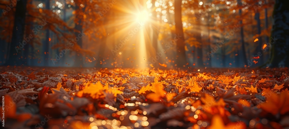 Fall Season Landscape with Forest Floor Covered with Fallen Leaves and Autumnal Sun Through Tree Foliage Autumn Seasonal Background Fall Season Landscape with Forest Floor Covered with Fallen Leaves and Autumnal Sun Through Tree Foliage Autumn Seasonal Background