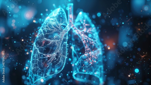 A glowing, digital illustration of human lungs with a blue bokeh background, featuring intricate lines and nodes representing networks or connections in a futuristic style.