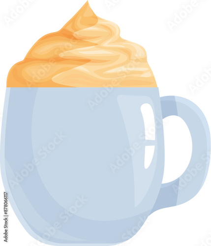 Blue mug containing a delicious coffee beverage topped with a swirl of whipped cream