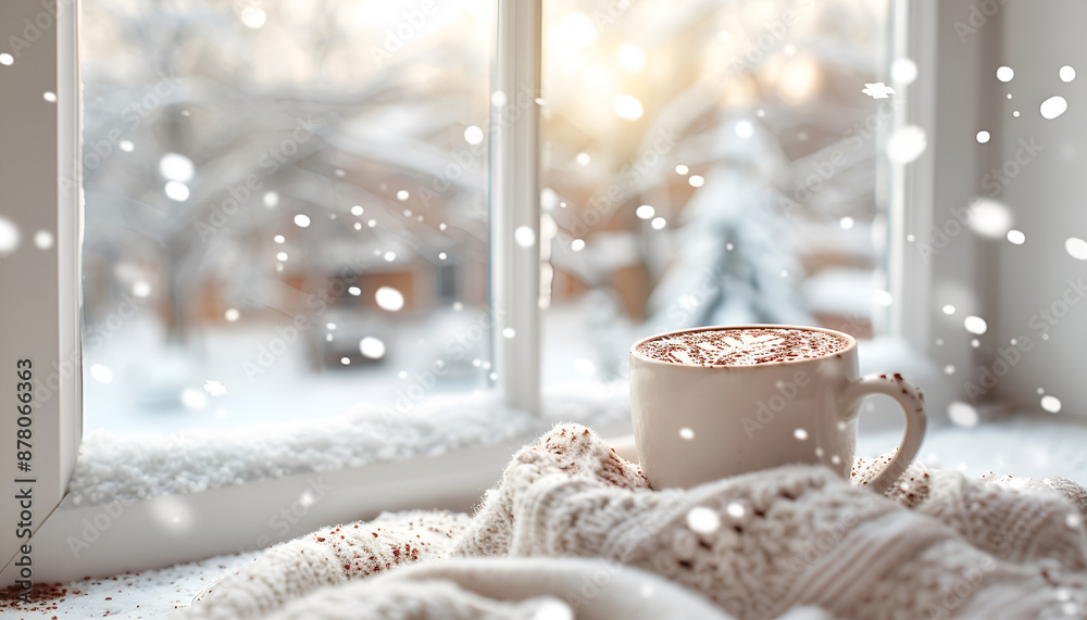 Winter cozy hot chocolate in white cup on white window with winter snow landscape Winter cozy hot chocolate in white cup on white window with winter snow landscape