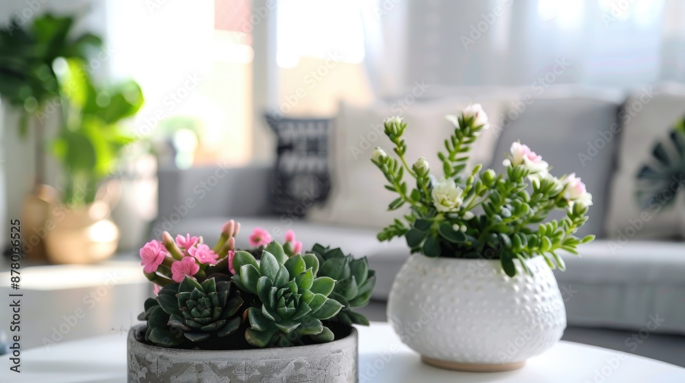 Arrangement of kalanchoe cactus on white table in living room Arrangement of kalanchoe cactus on white table in living room