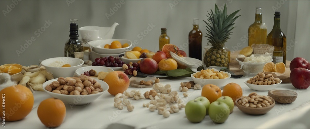 A white table filled with a variety of fresh fruits like apples and oranges along with nuts placed on plates. A white table filled with a variety of fresh fruits like apples and oranges along with nuts placed on plates.