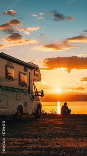 A group of happy family and friends enjoying a beautiful sunset from their rv parked in a scenic location. The warm light creates a serene and picturesque atmosphere.